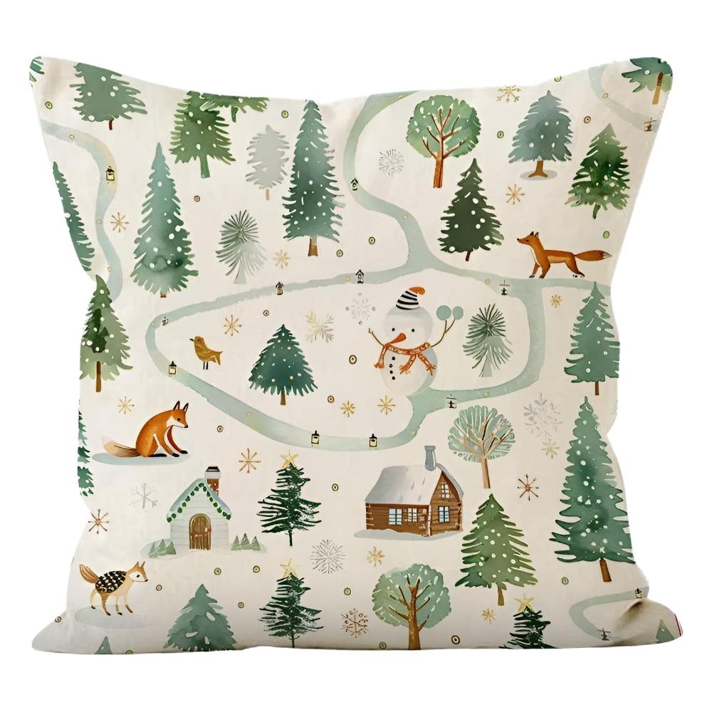 Winter Christmas Cushion Cover with Snowman and Reindeer Prints