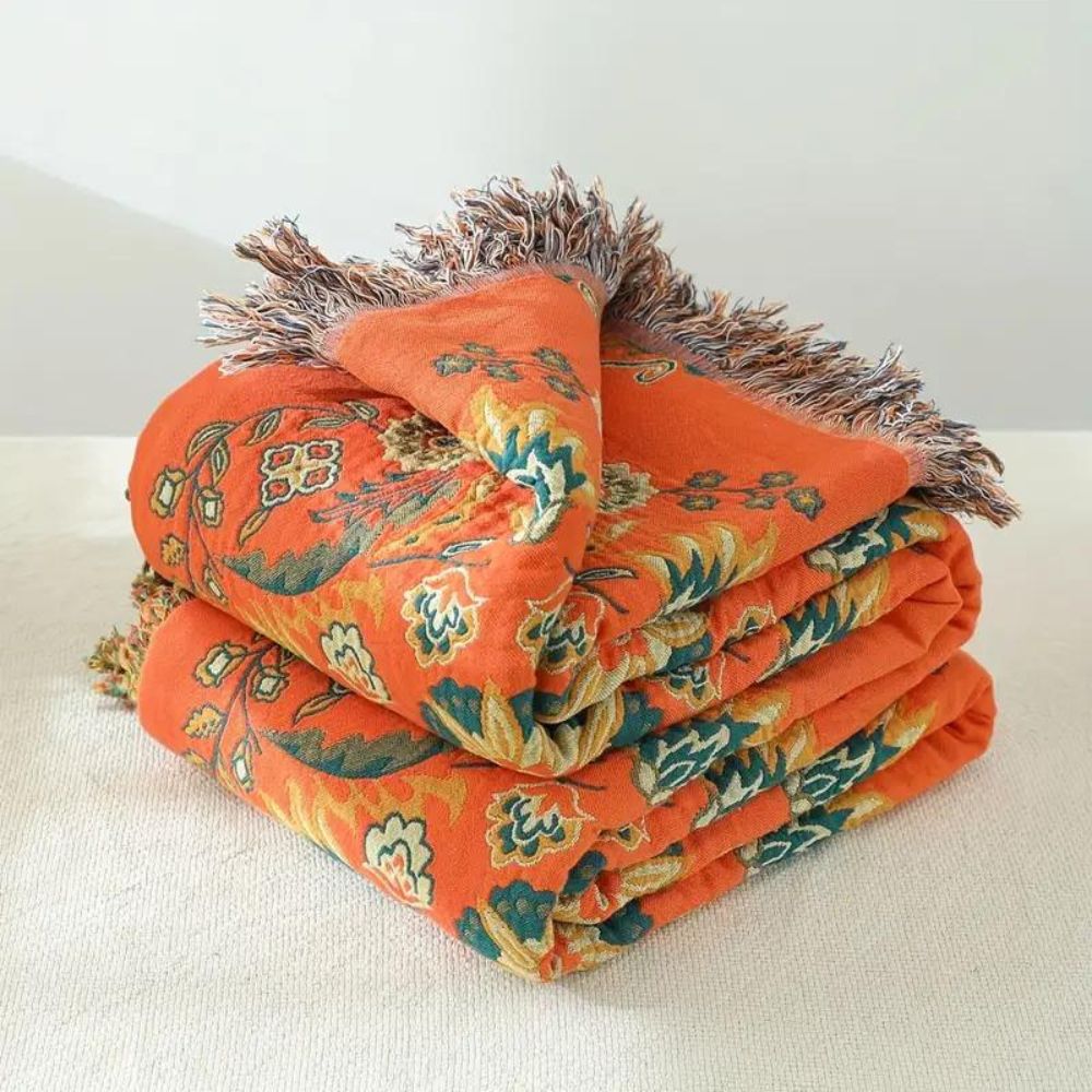 Reversible Cotton Throw Blanket with Floral Pattern