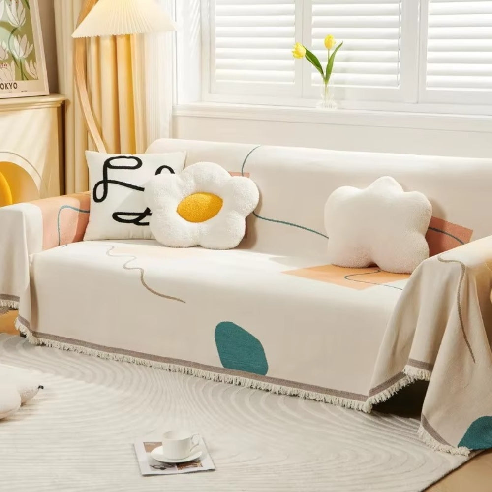 Chenille Geometric Sofa Cover in Meringue