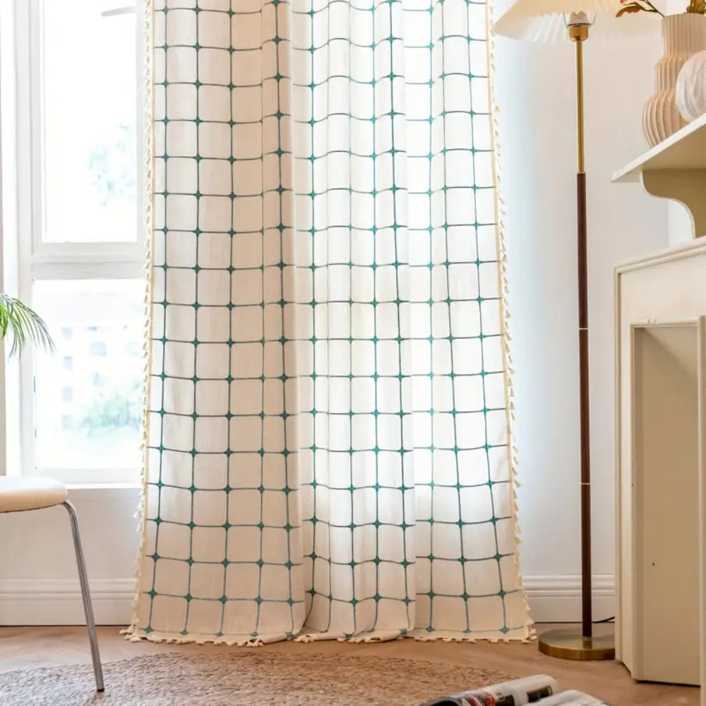 Turquoise Lattice Boho Tassel Semi-Blackout Curtain
