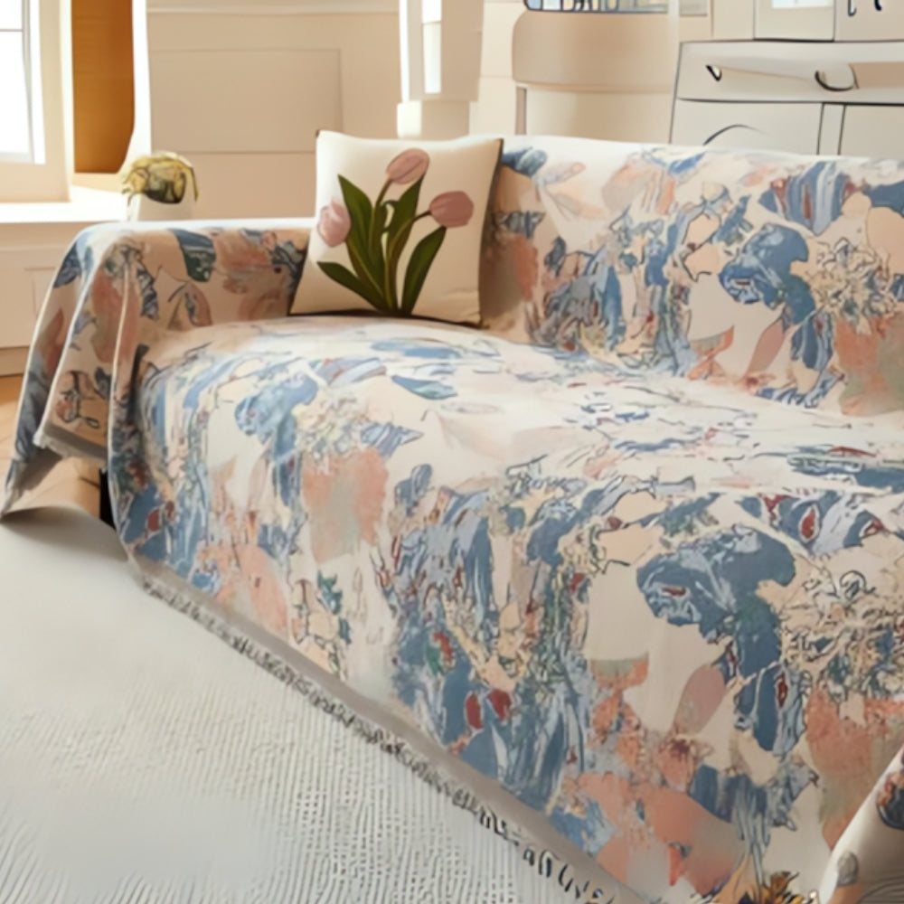 Reversible Floral Chenille Sofa Cover with Tassels