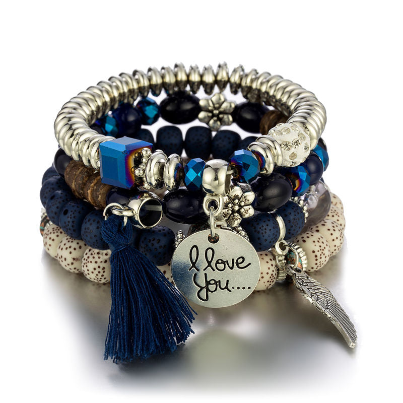 I Love You Beaded Bracelet Set with Silver Charm and Tassel