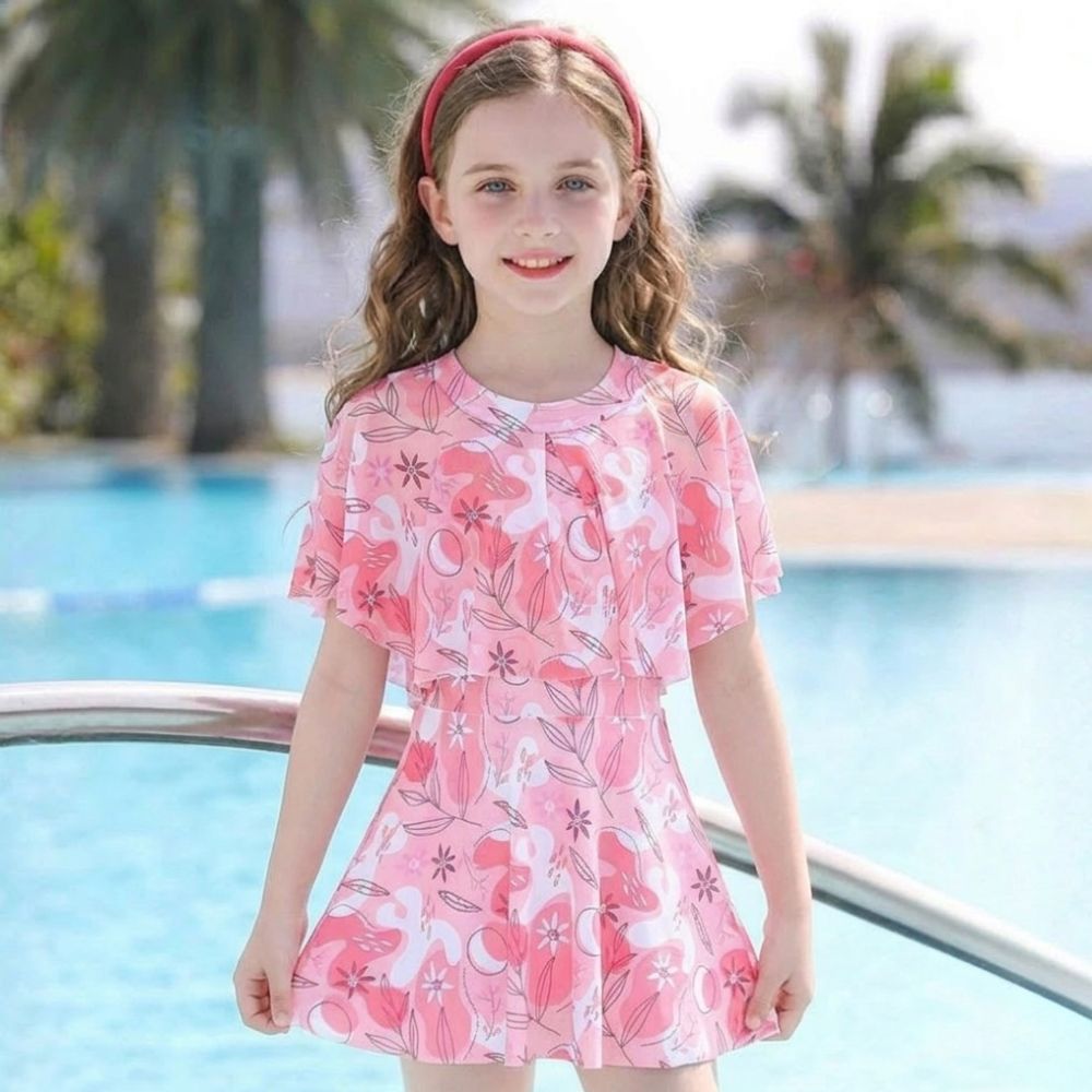 Girls' Quick-Drying Swimsuit Set with Skirt for Beach and Pool