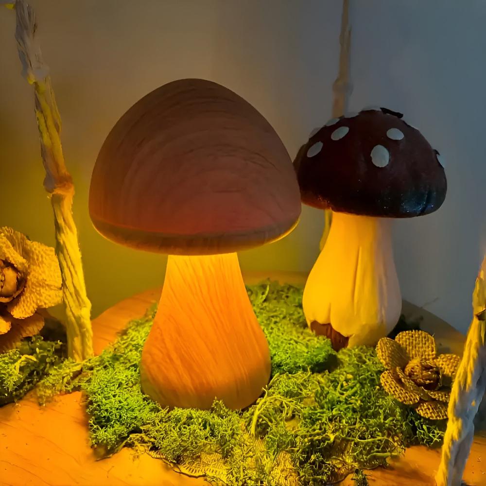 Rechargeable Wooden Mushroom Lamp with Adjustable Light Settings