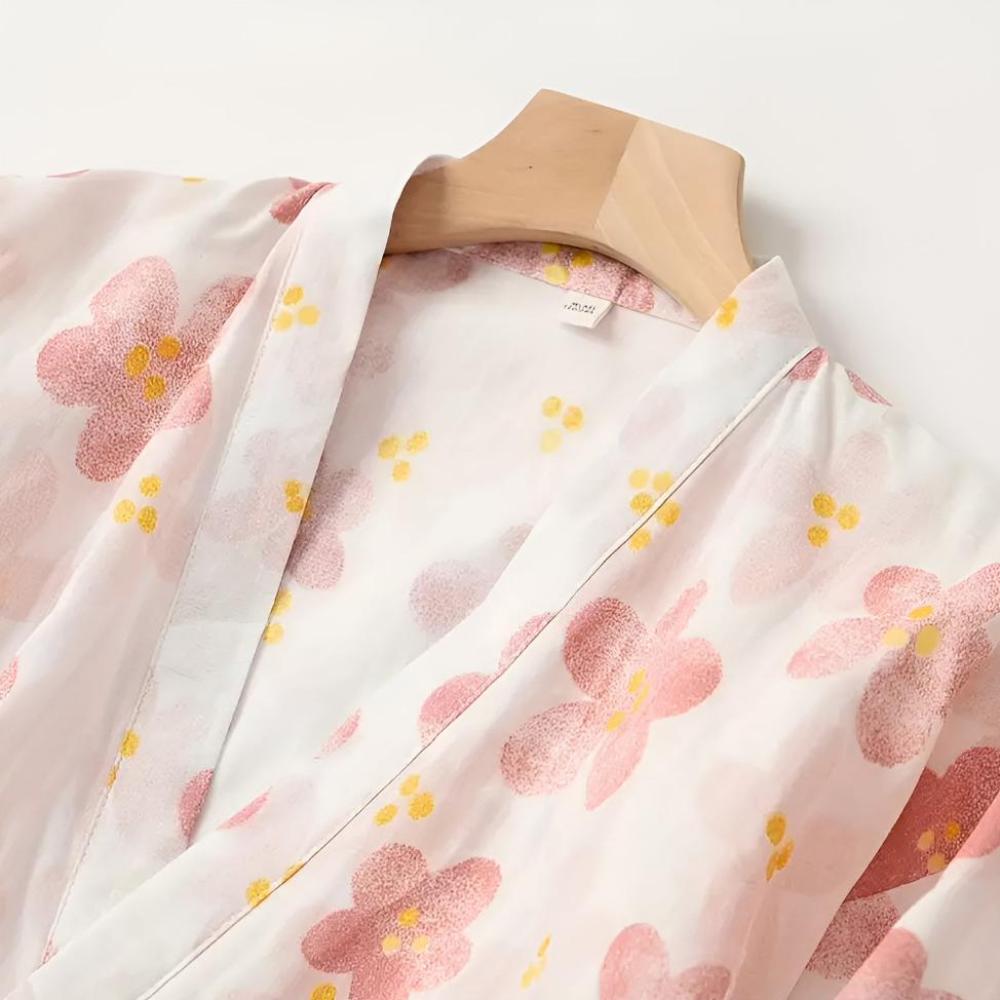 Floral Cotton Yukata Bathrobe with Adjustable Waist