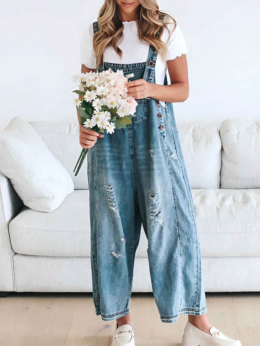 Loose Fit Distressed Denim Overalls with Adjustable Straps