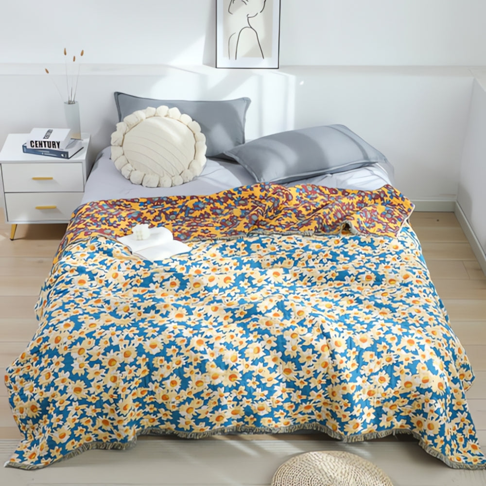 Reversible Floral Tassel Blanket in Cotton