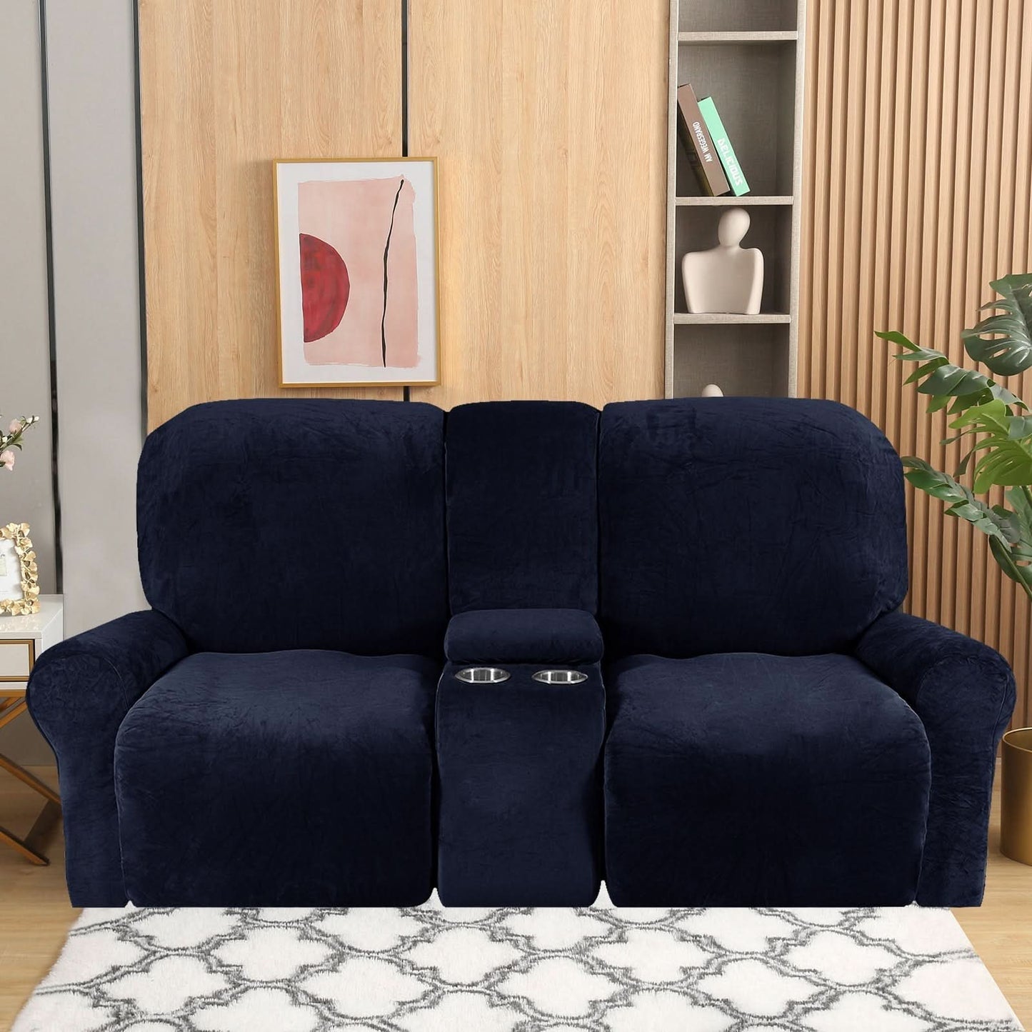 2-Seater Velvet Plush Recliner Sofa Cover with Cup Holders