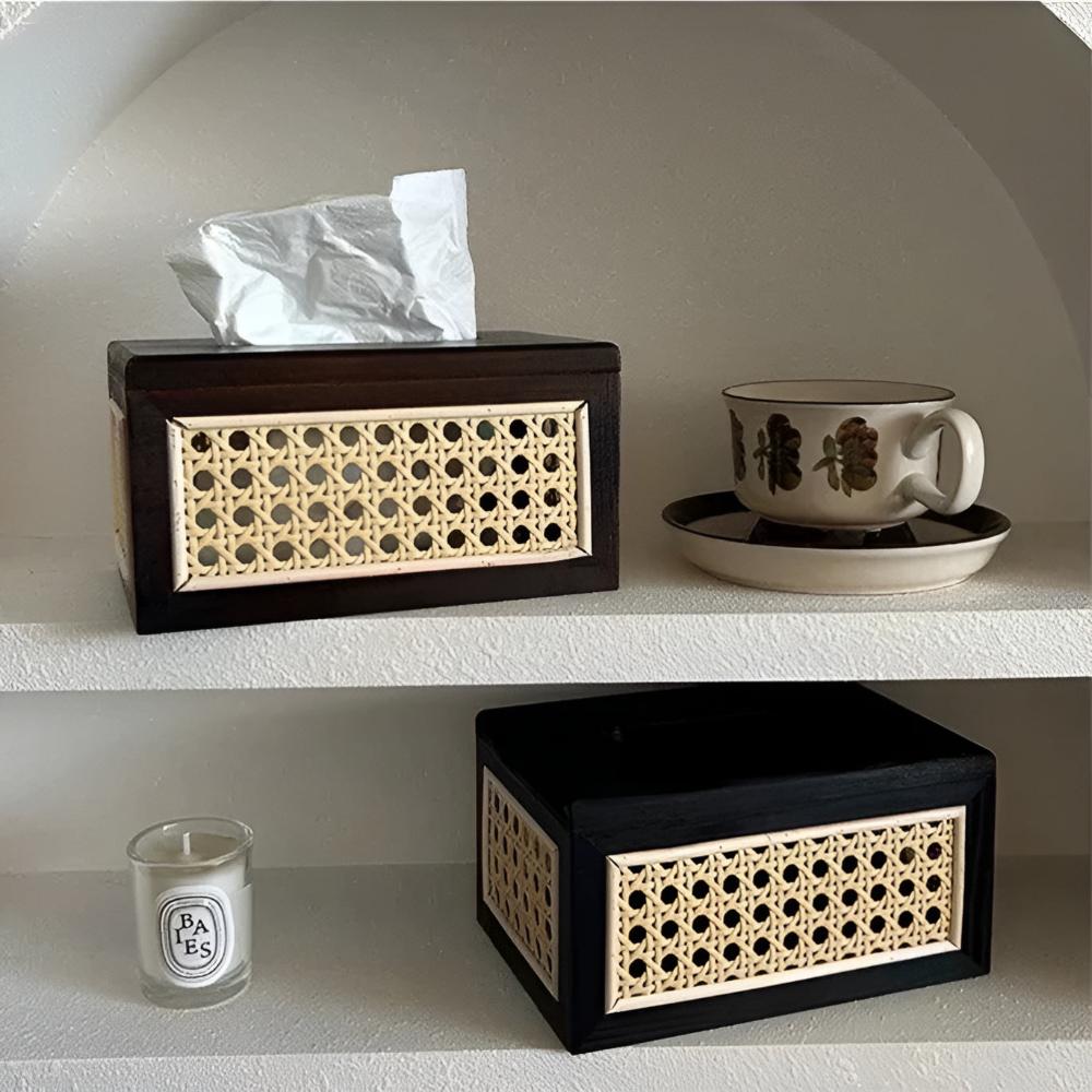 Japandi Minimalist Rattan Tissue Box with Wooden Lid