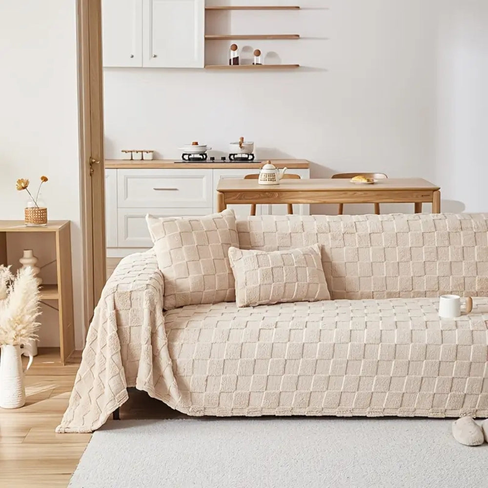 Checkered Plush Velvet Sofa Cover for Pet-Friendly Protection