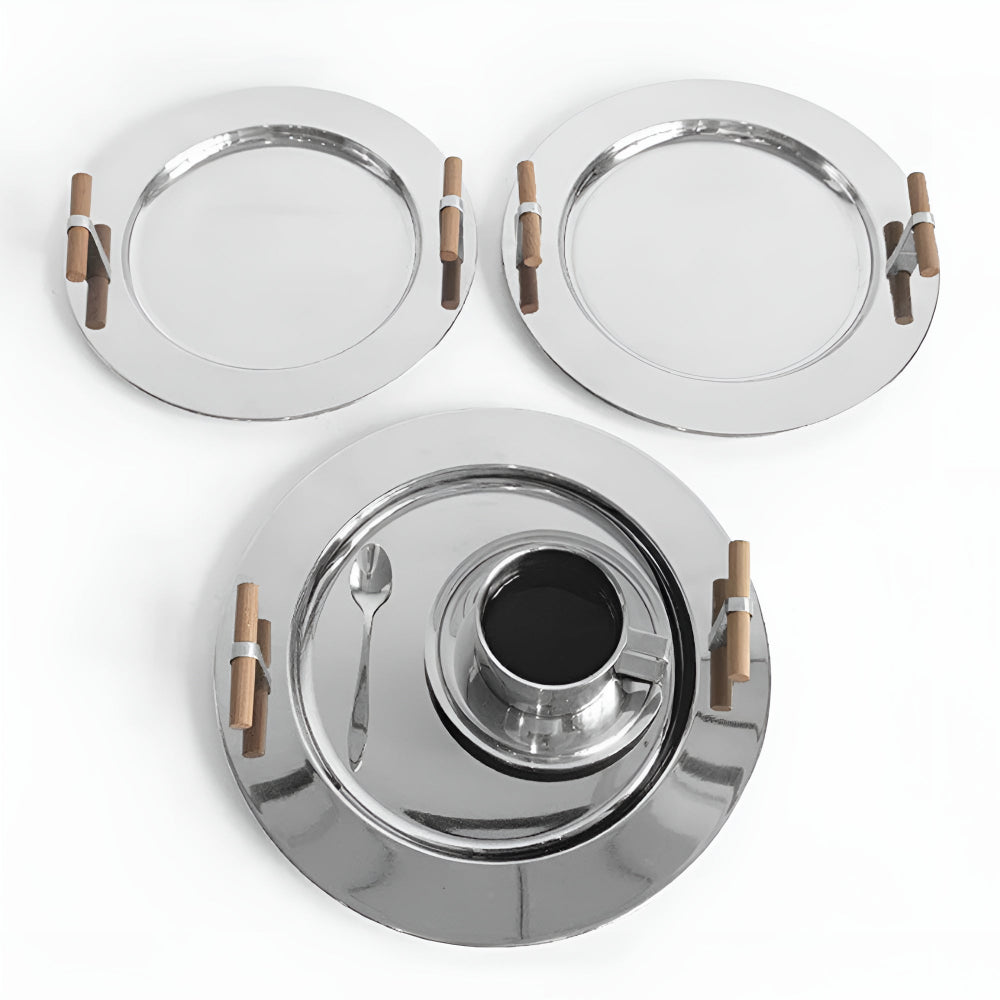 Stainless Steel Round Serving Tray with Wooden Handles