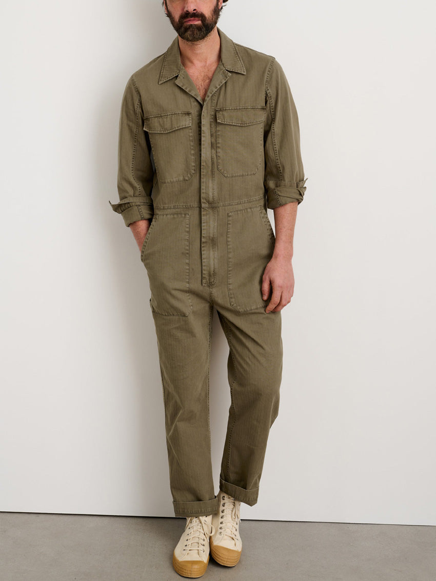 Men's Slim Fit Military Zip Jumpsuit in Cotton Herringbone