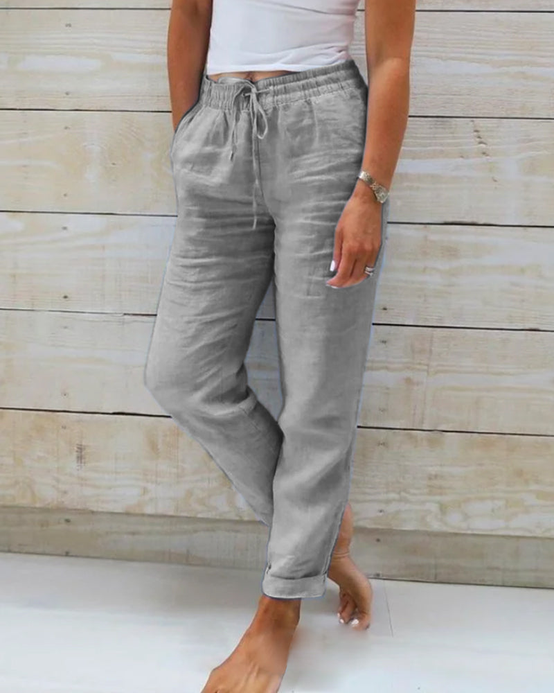 Women's Linen Cotton Pants with Elastic Waist and Drawstring