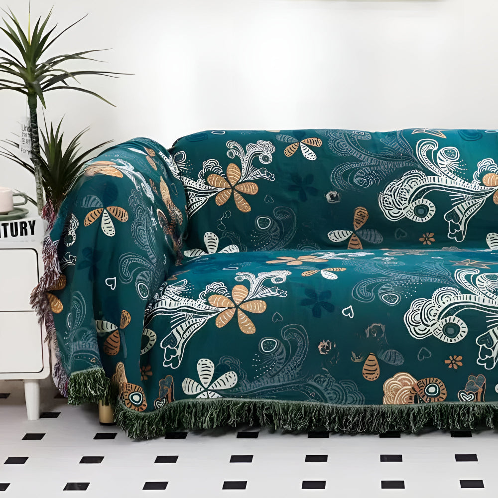 Teal Floral Paisley Throw Blanket with Fringe