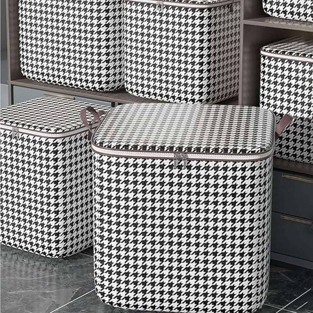 Houndstooth Collapsible Storage Box with Zipper Closure