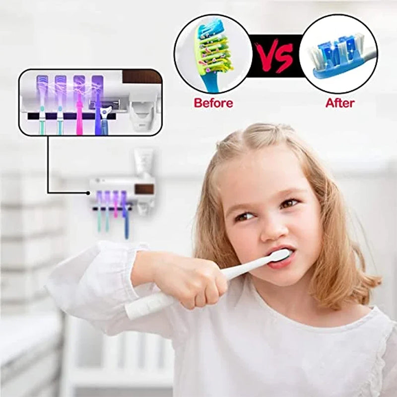 Smart UV Light Toothbrush Holder with Wall-Mounted Toothpaste Dispenser