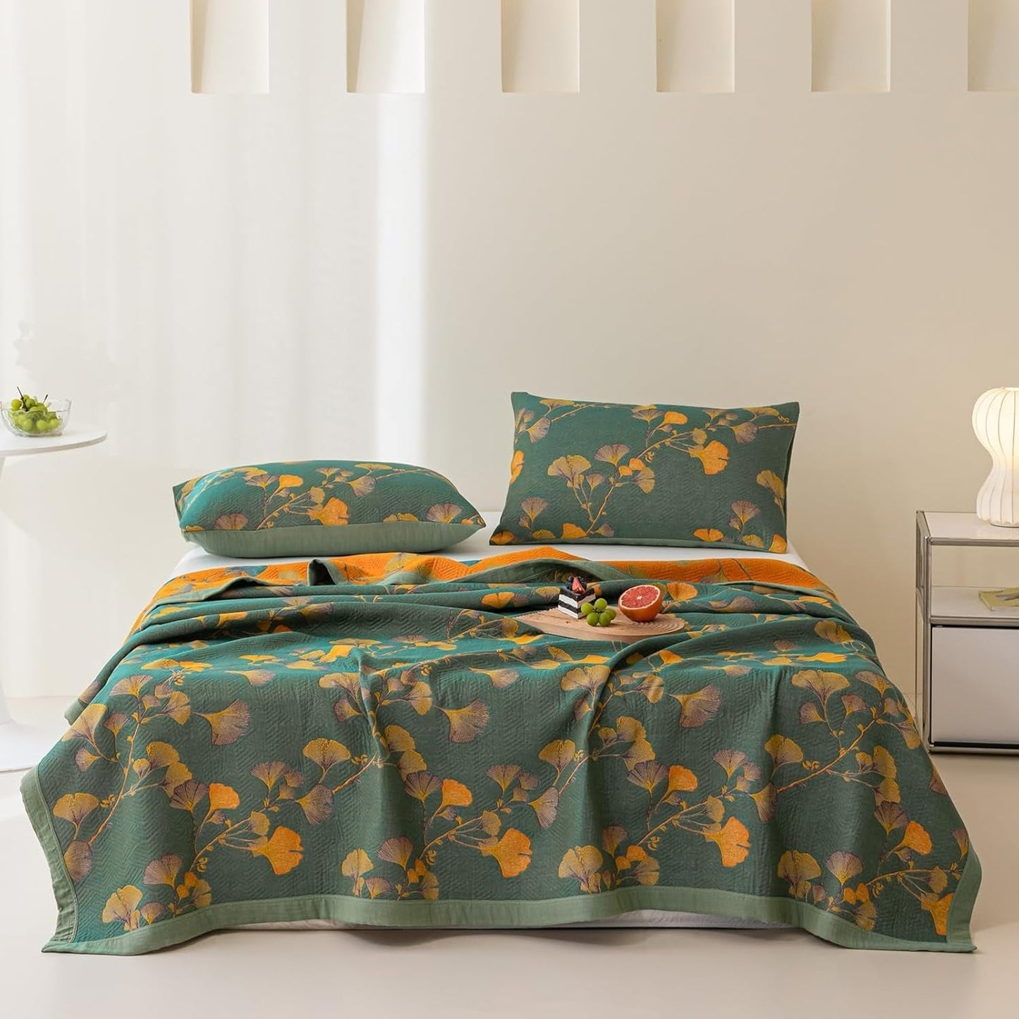 Reversible Jacquard Floral Ginkgo Leaves Coverlet