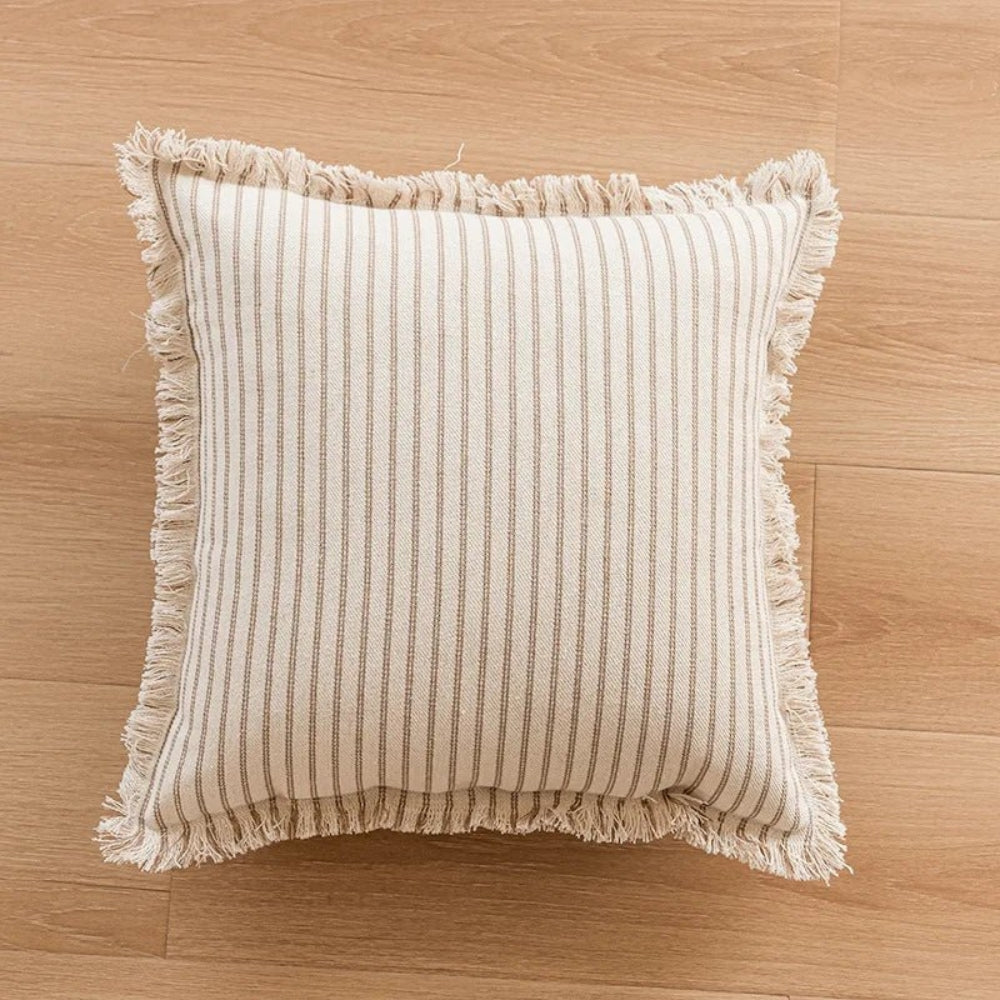 Striped Cotton-Linen Cushion Cover with Fringe
