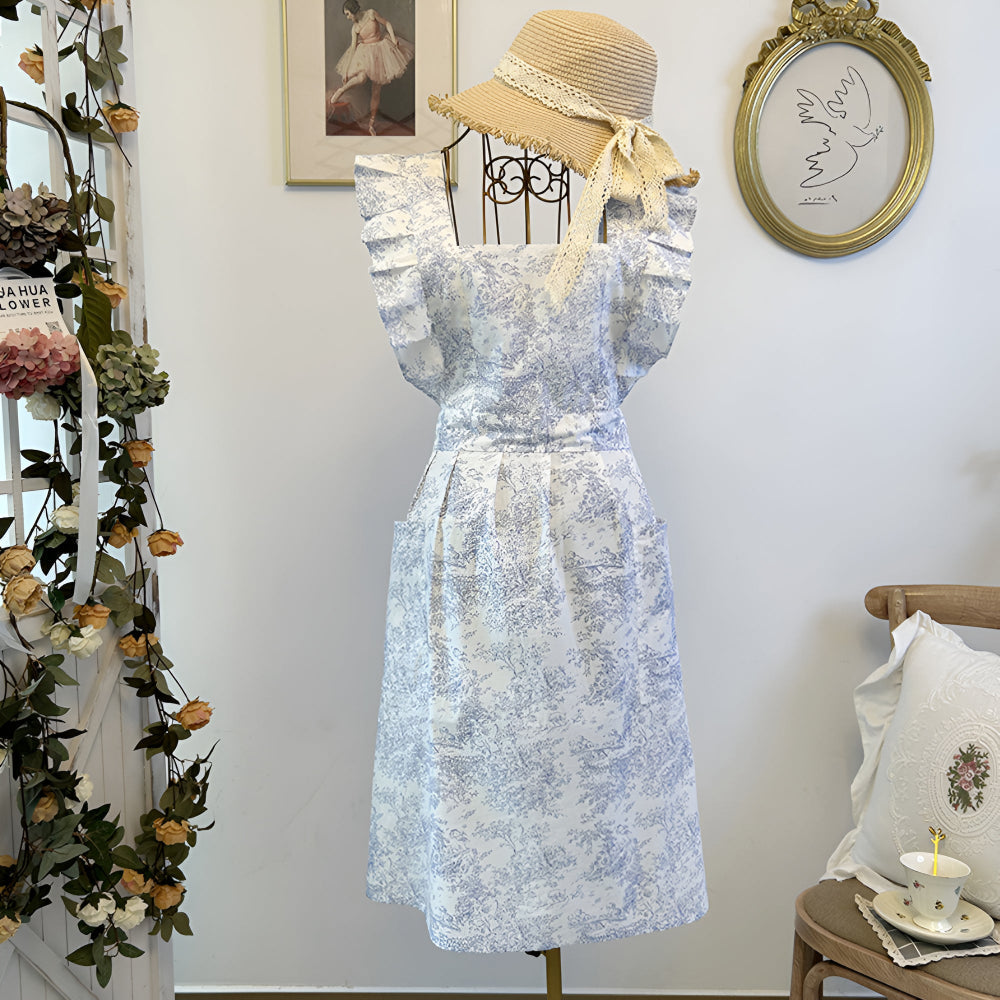 Ruffled Floral Apron with Double Pockets