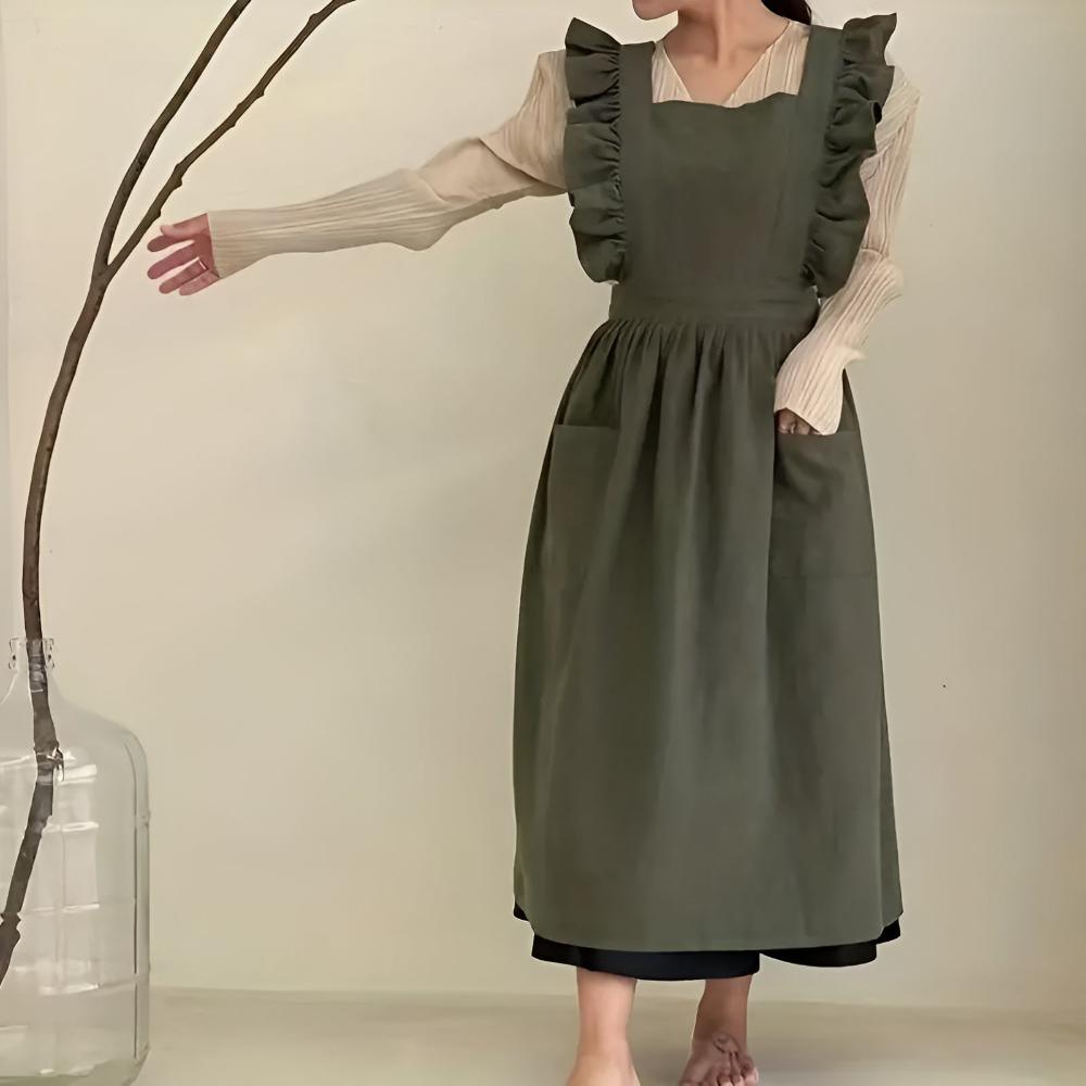 Lotus Leaf Lace Cotton-Linen Apron with Pockets