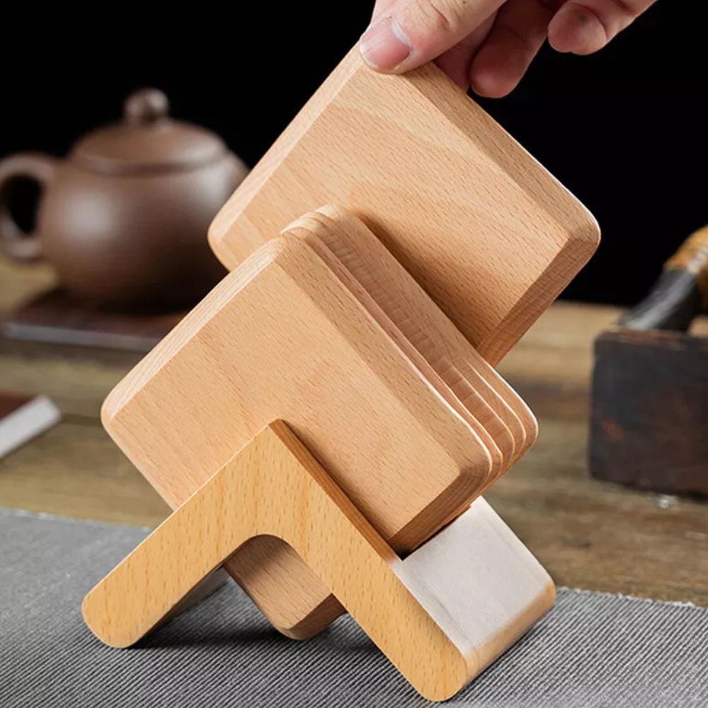 Sleek Wooden Coaster Set with Holder - 6 Natural Finish Coasters