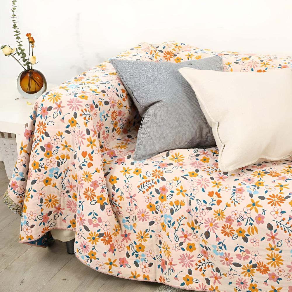 Reversible Floral Tassel Blanket in Cotton