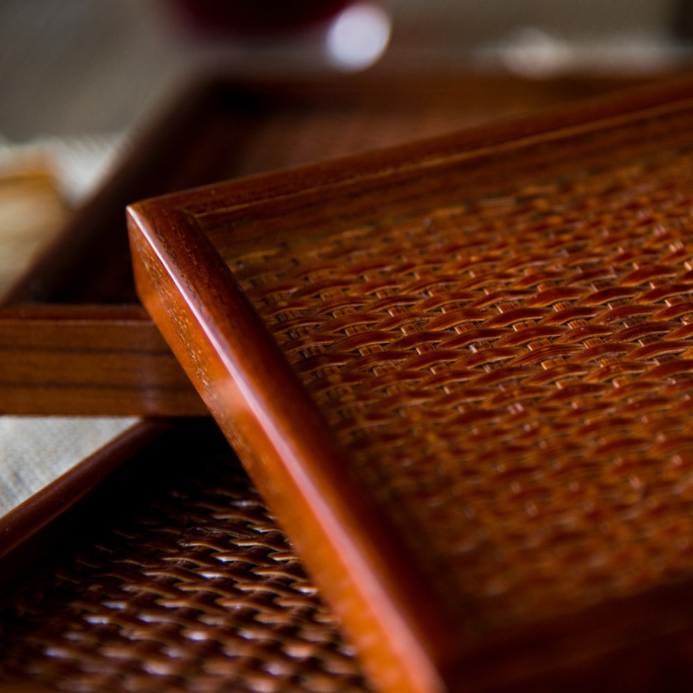 Rattan-Inspired Wooden Tea Tray Set