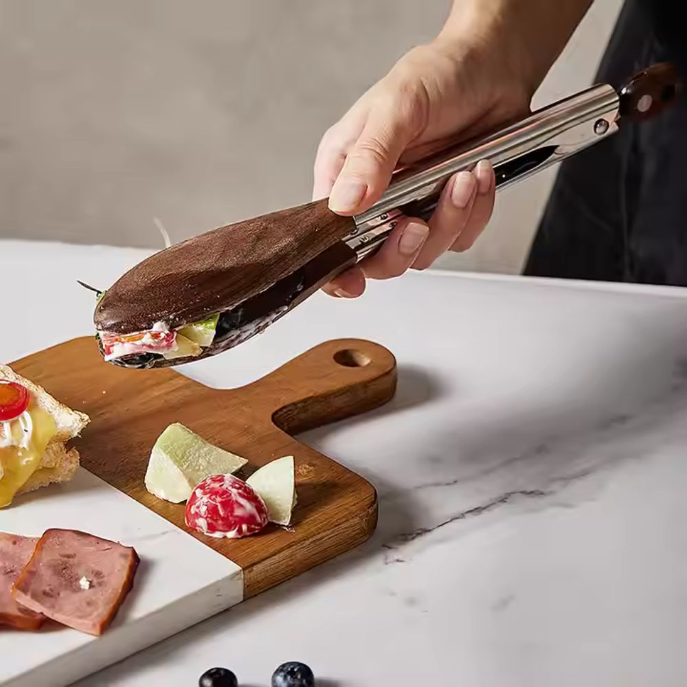 Wood and Steel Kitchen Tongs with Ergonomic Grip