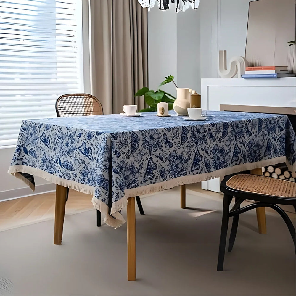 Bohemian Blue Butterfly Tablecloth with Tassel Trim