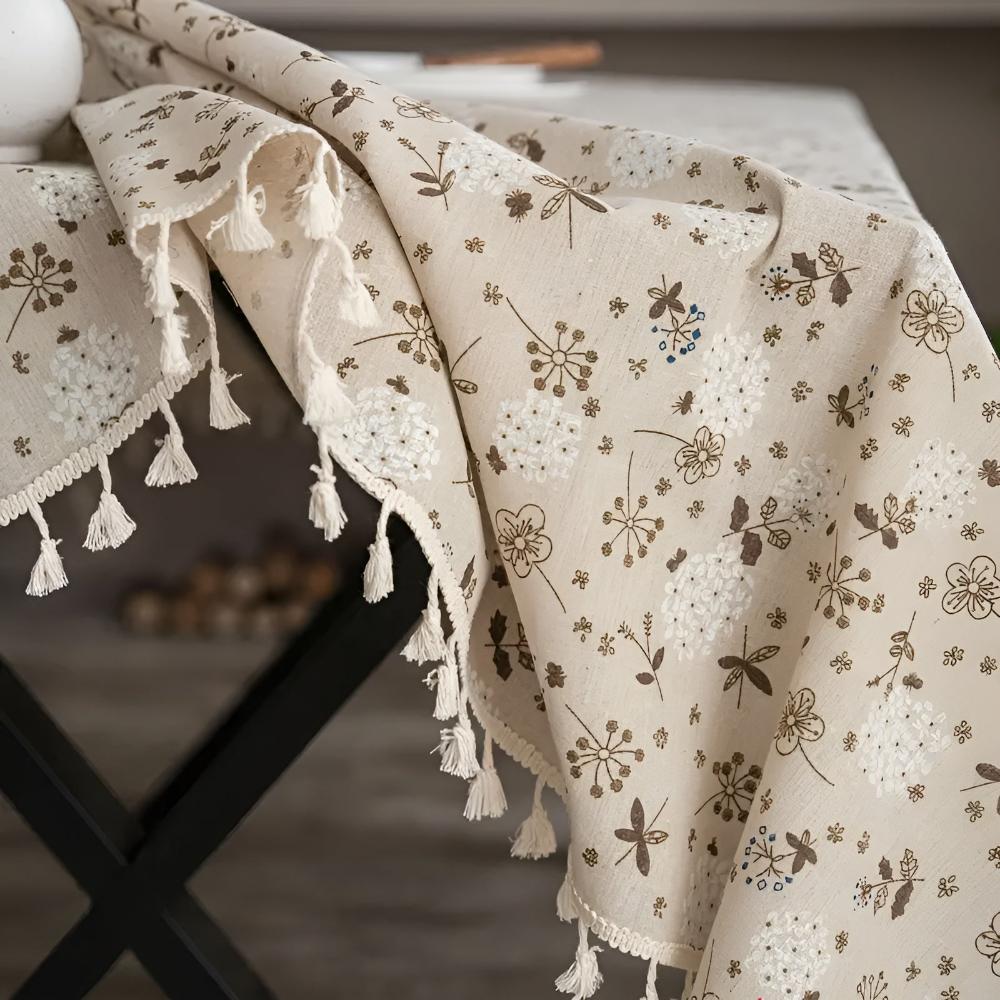 Beige Bohemian Floral Tassel Tablecloth