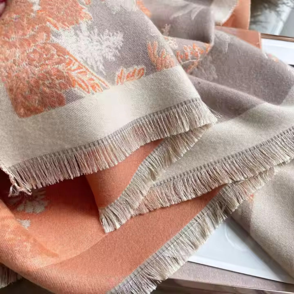 Reversible Floral Jacquard Scarf with Fringe Detail