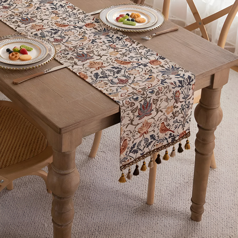 Vintage Floral Bird Jacquard Table Runner with Tasselled Edges