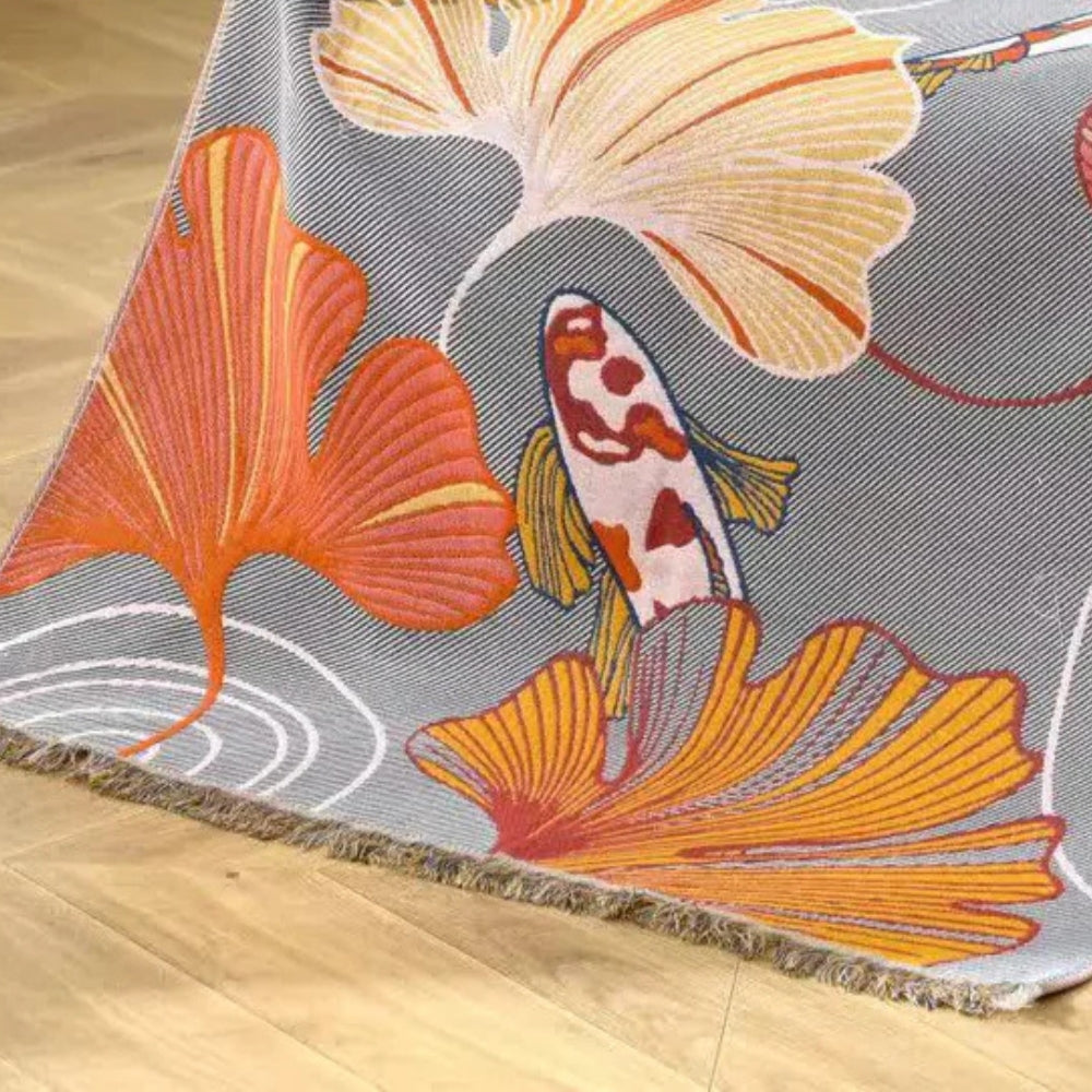 Lightweight Cotton Gauze Towel with Koi Fish and Ginkgo Leaf Design