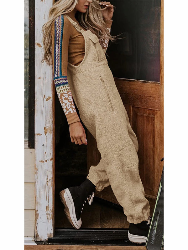 Women's Fleece Thermal Overalls with Adjustable Straps and Zippered Pockets