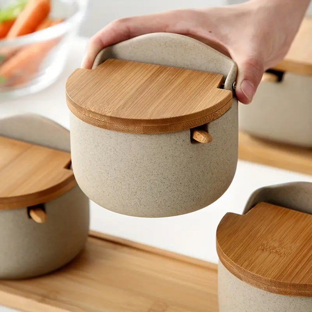 Ceramic Spice Jar Set with Bamboo Lids and Tray