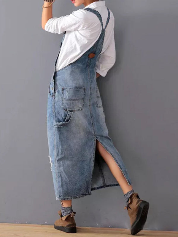 Distressed Denim Overalls Dress with Back Slit