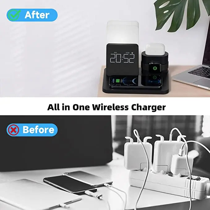 Multifunctional Wireless Charging Station with LED Lamp and Alarm Clock