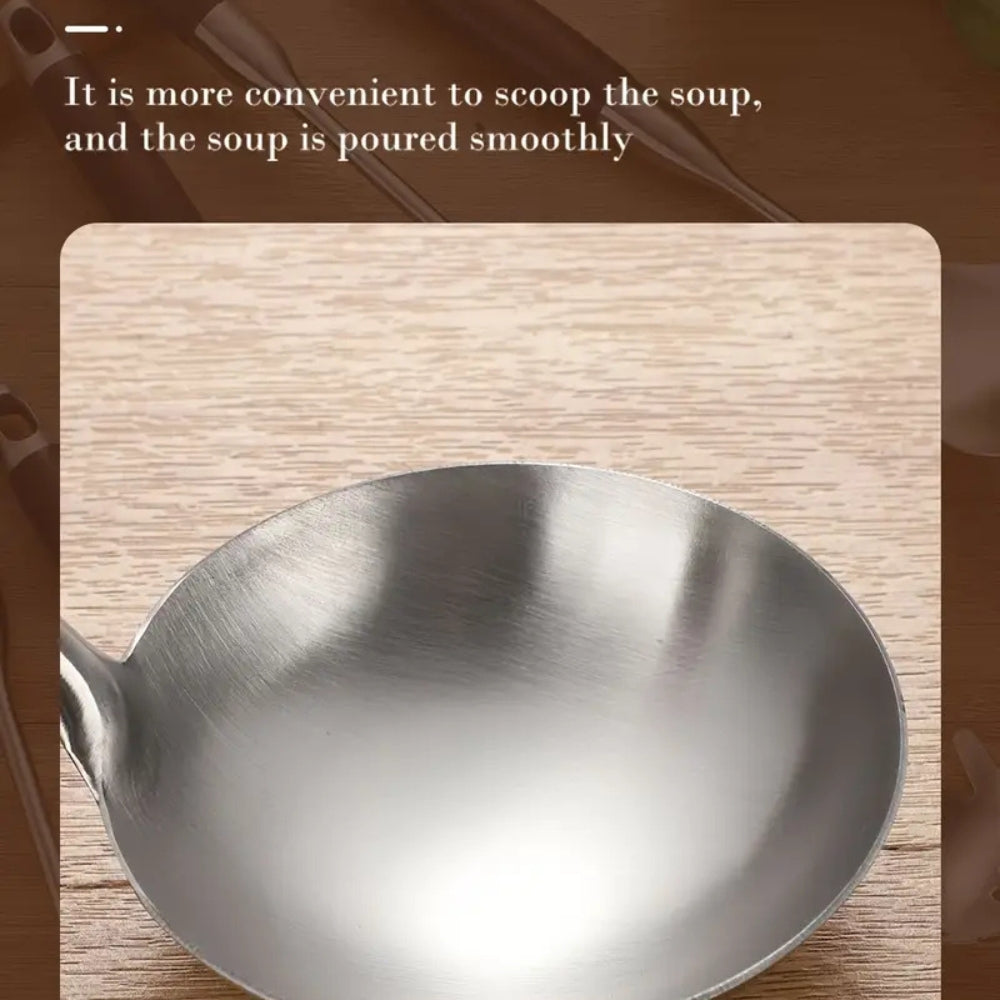 Stainless Steel Wooden Utensil Set with Ergonomic Handles - 6 Pieces
