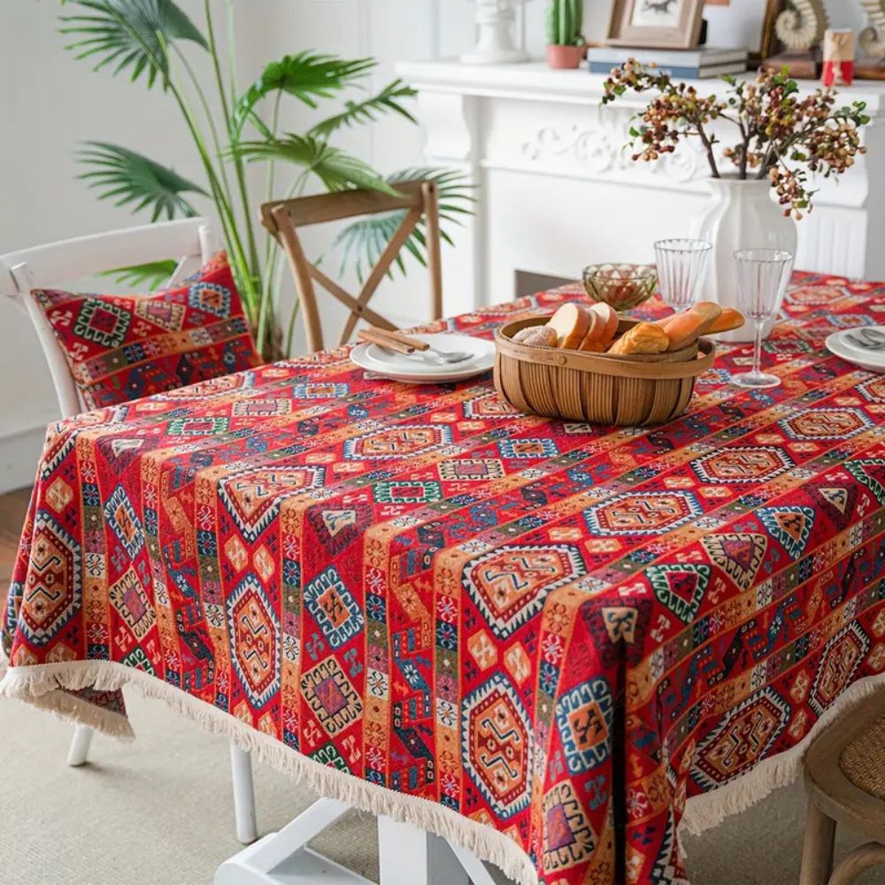 Bohemian Jacquard Tablecloth with Fringe Accents