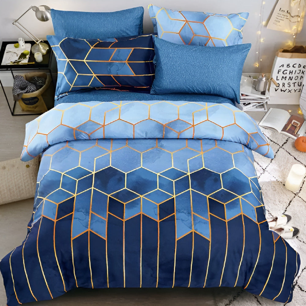 Golden Cosmo Hive Duvet Cover Set with Geometric Design - 3 Pieces