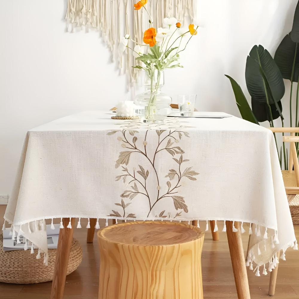 Embroidered Floral Cotton-Linen Tablecloth with Tassels