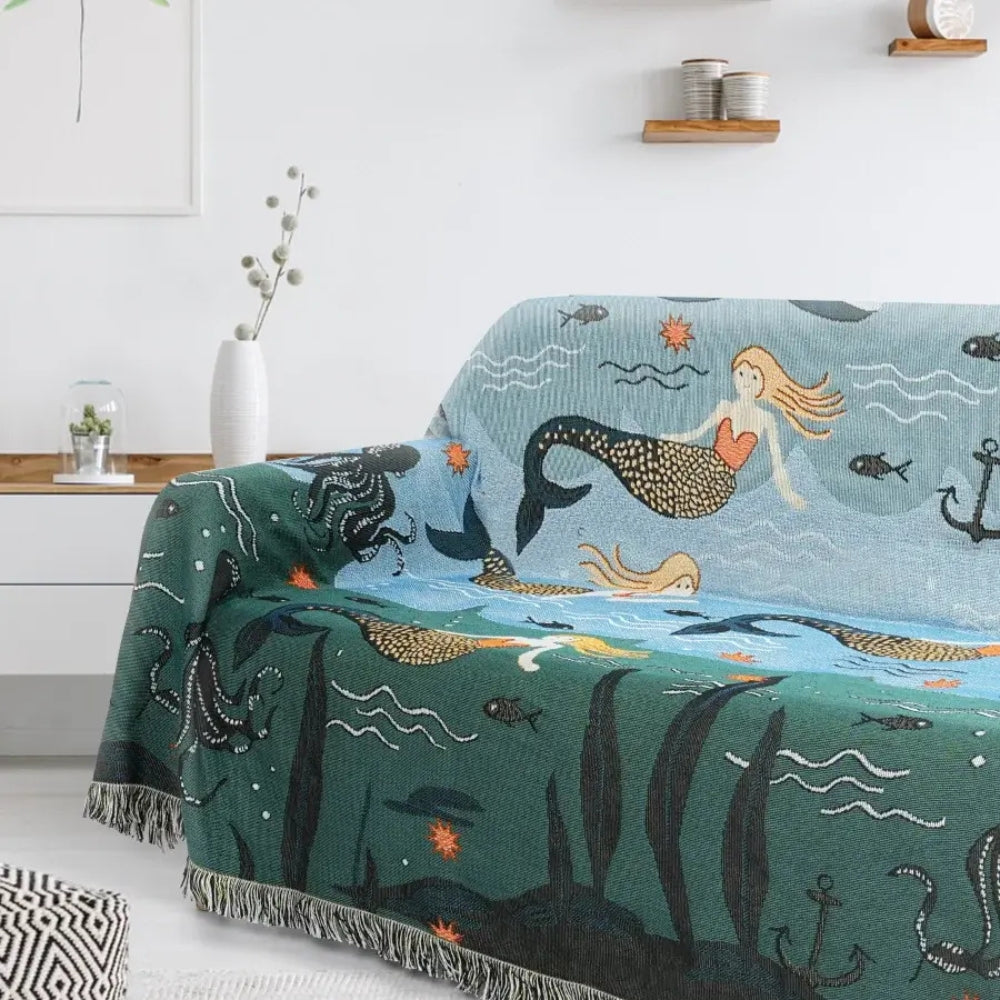 Mermaid Tapestry Sofa Cover with Tassels