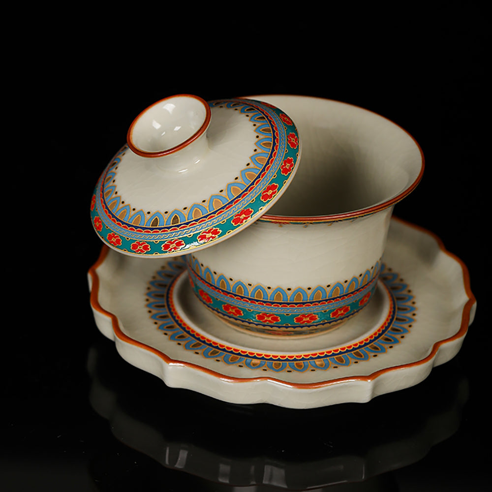 Sky Blue Ruyao Porcelain Gaiwan with Baoxiang Flower Motif