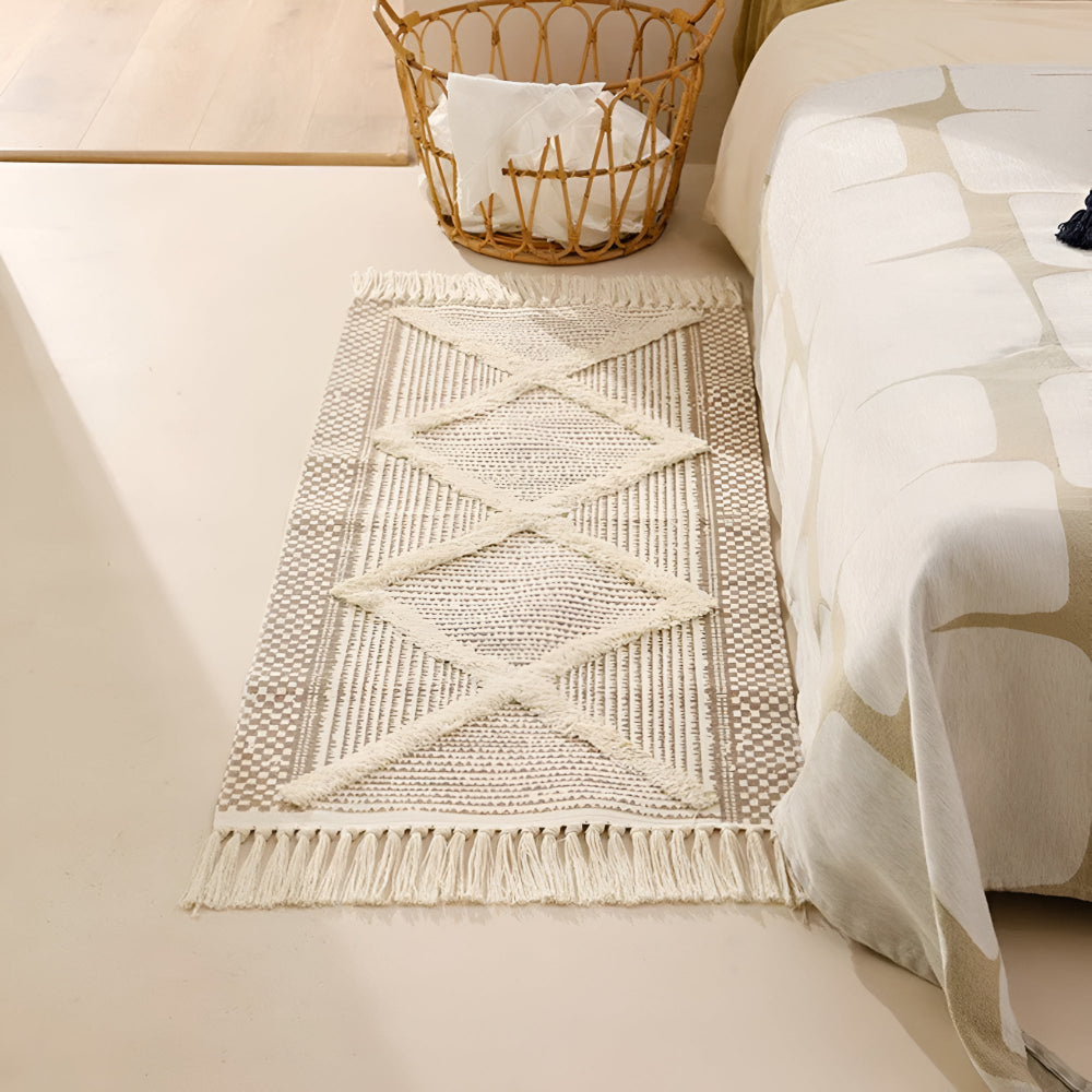 Moroccan-Inspired Beige Textured Fringe Tassel Rug