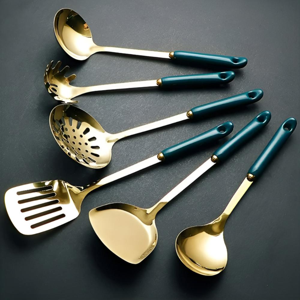 Golden Stainless Steel Utensil Set with Ergonomic Handles and Storage Rack