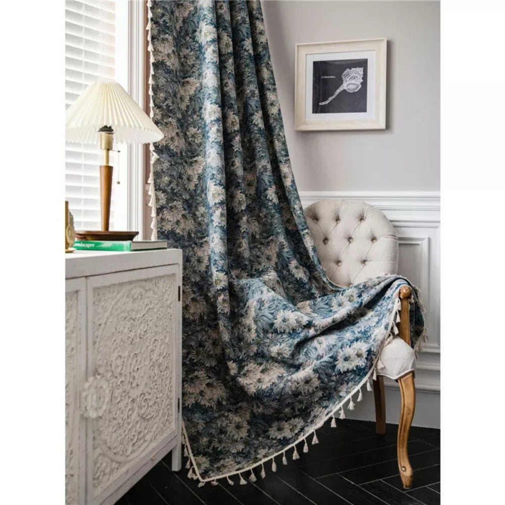 Navy Floral Tassel Curtains for Boho Decor