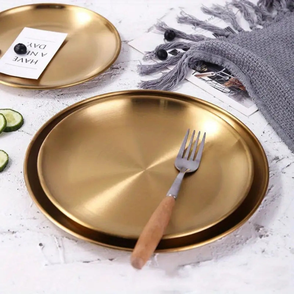 Golden Stainless Steel Serving Plates - Elegant & Rust-Resistant