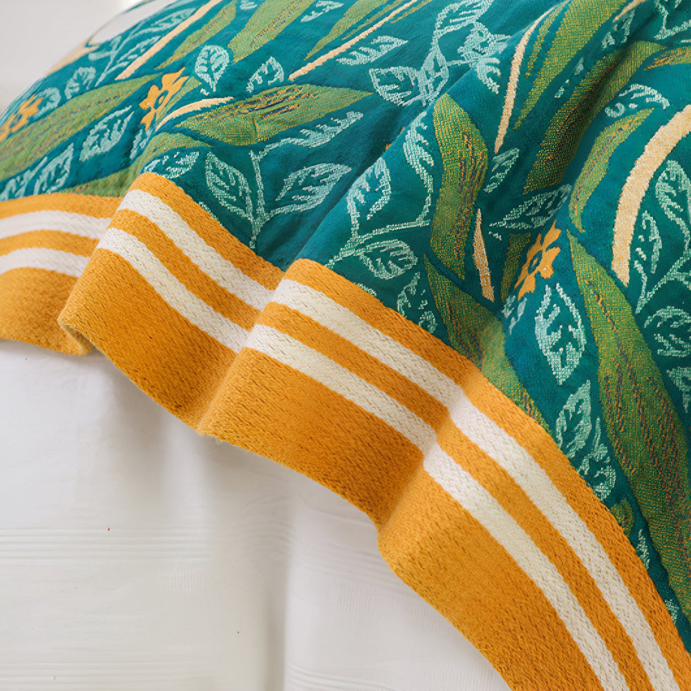 Botanical Green Cotton Blanket with Golden Border