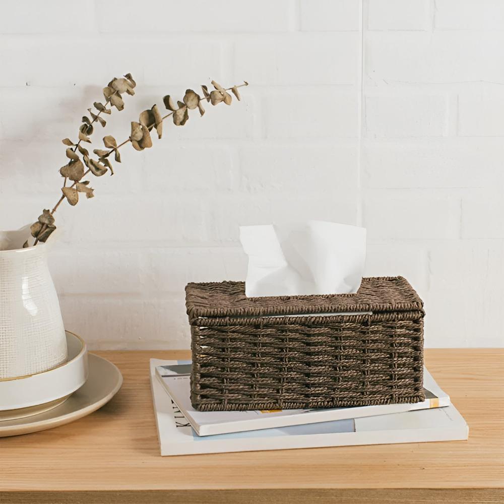 Rustic Rattan Tissue Box with Leather Accents