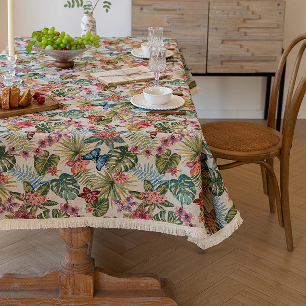 Floral Jacquard Linen Tablecloth with Fringe Trim